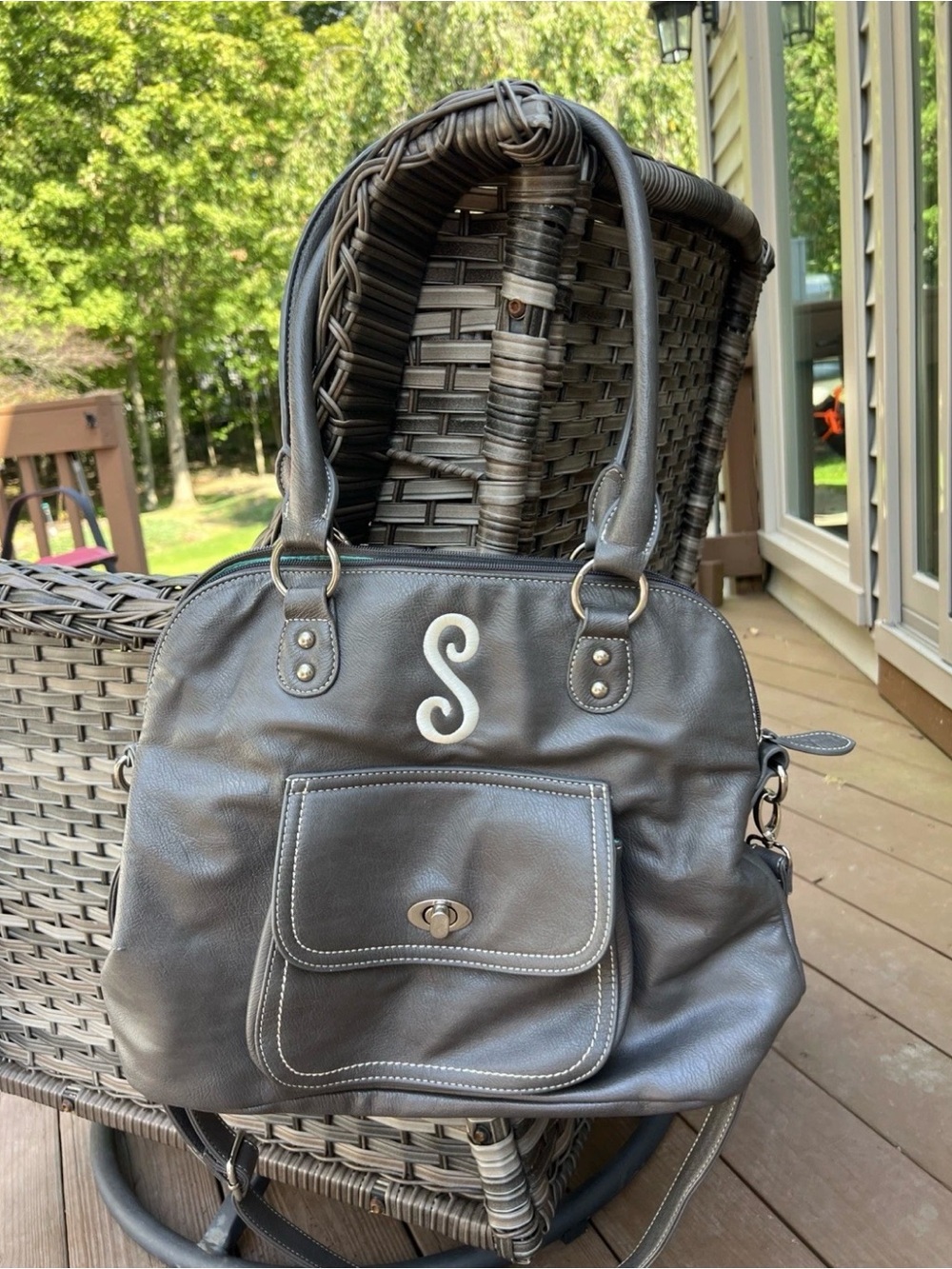 Women's grey Leather Shoulder Bag with White Monogram
